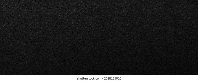 Black pattern leather polygons background. Dark tiles laid out in geometric rows with carbon gradient and natural vector designs