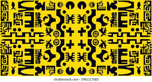A black pattern of various shapes on a yellow rectangular background. Use it for illustrations and textures.