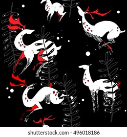 Black pattern with white deers and dark plants