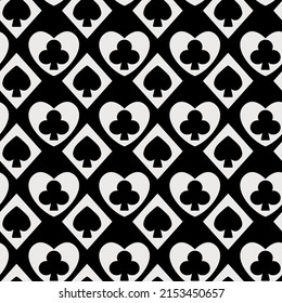 Black pattern of white hearts and diamonds. Inside are black spades and crosses. Vector and seamless decor casino pattern.