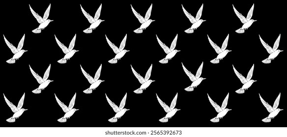 Black pattern with white silhouette of birds flight background