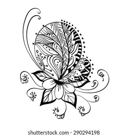Black patterned isolated butterfly and flowers on white background. Zentangle pattern. Beautiful decorative stylized element for your design.