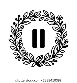 A black pause symbol is centered within a delicate black floral wreath, symbolizing a break or rest.