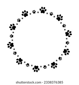 Black paw circle frame with dog animal footprints vector illustration