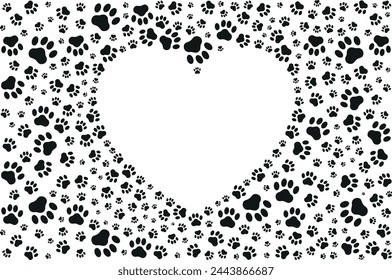 Black paw patterns in the shape of a heart on a white background