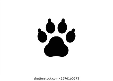 A black paw print is depicted on a clean white background. The illustration features distinct pads and claws, representing a playful and friendly animal.