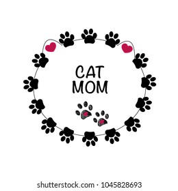 Black paw print with hearts. Best cat mom. Happy Mother's Day background