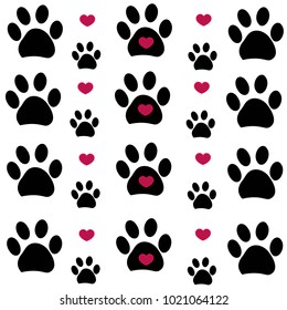 Black paw print with hearts. Happy Valentine's Day background