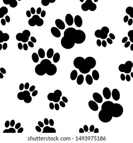 Black Paw print icon. Print dog or cat feet. Animal trail. Vector illustration of background pattern