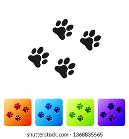 Black Paw print icon isolated on white background. Dog or cat paw print. Animal track. Set icon in color square buttons. Vector Illustration