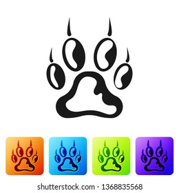 Black Paw print icon isolated on white background. Dog or cat paw print. Animal track. Set icon in color square buttons. Vector Illustration