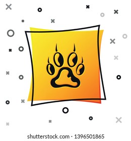 Black Paw print icon isolated on white background. Dog or cat paw print. Animal track. Yellow square button. Vector Illustration