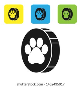 Black Paw print icon isolated on white background. Dog or cat paw print. Animal track. Set icons colorful square buttons. Vector Illustration