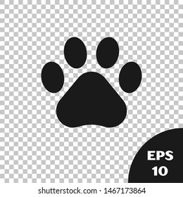 Black Paw print icon isolated on transparent background. Dog or cat paw print. Animal track.  Vector Illustration