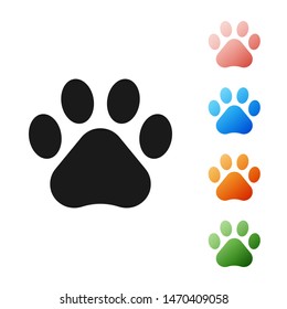 Black Paw print icon isolated on white background. Dog or cat paw print. Animal track. Set icons colorful. Vector Illustration