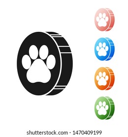Black Paw print icon isolated on white background. Dog or cat paw print. Animal track. Set icons colorful. Vector Illustration