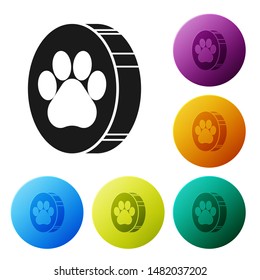 Black Paw print icon isolated on white background. Dog or cat paw print. Animal track. Set icons colorful circle buttons. Vector Illustration