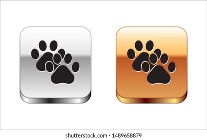 Black Paw print icon isolated on white background. Dog or cat paw print. Animal track. Silver-gold square button. Vector Illustration