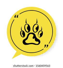 Black Paw print icon isolated on white background. Dog or cat paw print. Animal track. Yellow speech bubble symbol. Vector Illustration