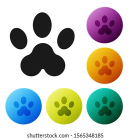 Black Paw print icon isolated on white background. Dog or cat paw print. Animal track. Set icons colorful circle buttons. Vector Illustration