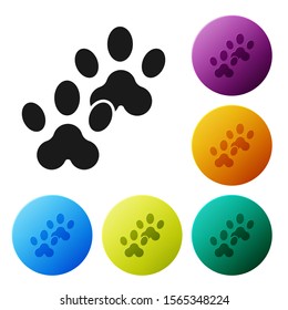 Black Paw print icon isolated on white background. Dog or cat paw print. Animal track. Set icons colorful circle buttons. Vector Illustration