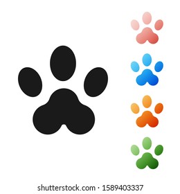 Black Paw print icon isolated on white background. Dog or cat paw print. Animal track. Set icons colorful. Vector Illustration