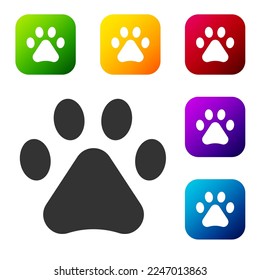 Black Paw print icon isolated on white background. Dog or cat paw print. Animal track. Set icons in color square buttons. Vector