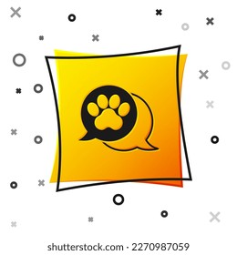 Black Paw print icon isolated on white background. Dog or cat paw print. Animal track. Yellow square button. Vector