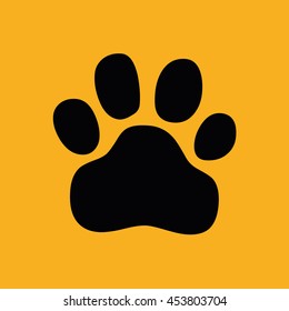 Black paw print icon vector. Yellow background