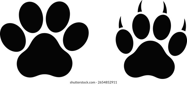 Black Paw Print Silhouettes, Dog and Cat Animal Footprints Vector