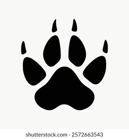 Black paw print symbol on, isolated element. Paw print design with bold black lines. Animal paw print icon, simple and bold in black. Simple icon vector element. Environment concept.