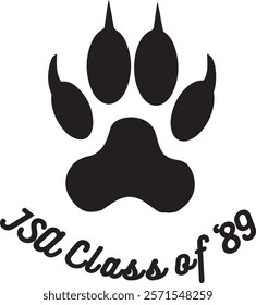 black paw print with the text "JSA Class of '89" written below it in a cursive font. The paw print has four toes and a pad. This image is likely a logo or emblem representing the graduating class of 1