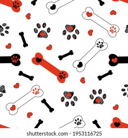 
Black paw prints, bone with red heart vector seamless pattern for fabric design background