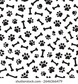 A black paw prints and bones pattern on white background, perfect for pet lovers