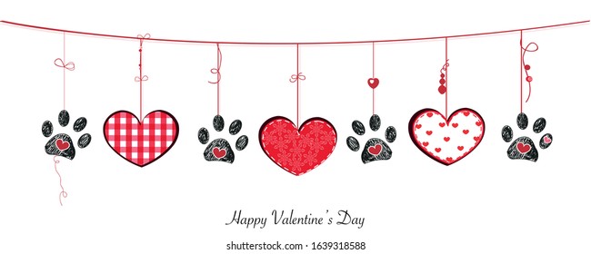 Black paw prints with hanging retro beautiful hearts. Happy Valentine's Day banner style background vector design element. Happy Valentine's day greeting card