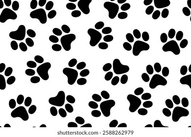 Black Paw Prints on White Background Seamless Vector Pattern