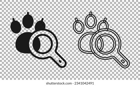 Black Paw search icon isolated on transparent background. Magnifying glass with animal footprints.  Vector