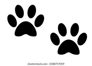 Black paws of an animal. Paws of cats, dogs, rodents. 2 elements isolated on  white background. Wildlife. Flat. Logo.