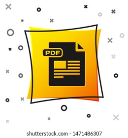 Black PDF file document. Download pdf button icon isolated on white background. PDF file symbol. Yellow square button. Vector Illustration