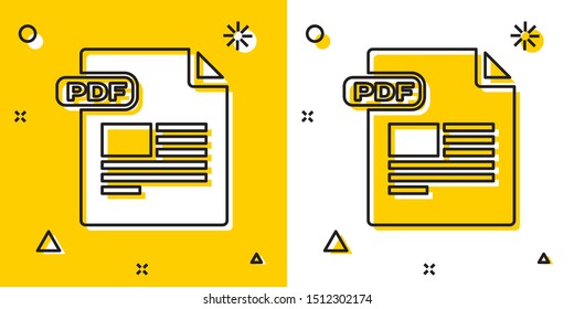 Black PDF file document. Download pdf button icon isolated on yellow and white background. PDF file symbol. Random dynamic shapes. Vector Illustration
