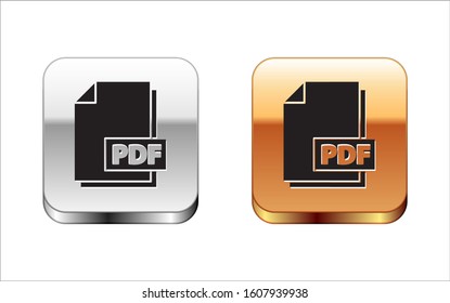 Black PDF file document. Download pdf button icon isolated on white background. PDF file symbol. Silver-gold square button. Vector Illustration