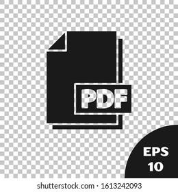 Black PDF file document. Download pdf button icon isolated on transparent background. PDF file symbol.  Vector Illustration