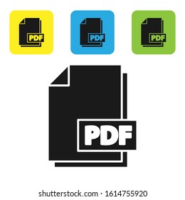 Black PDF file document. Download pdf button icon isolated on white background. PDF file symbol. Set icons colorful square buttons. Vector Illustration