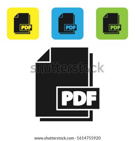 Black PDF file document. Download pdf button icon isolated on white background. PDF file symbol. Set icons colorful square buttons. Vector Illustration