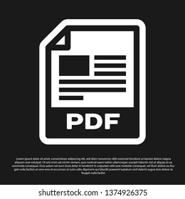 Black PDF file document icon. Download pdf button icon isolated on black background. PDF file symbol. Vector Illustration