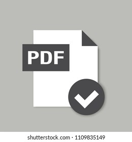 Black PDF formate file icon with checkmark isolated on grey background, flat design style, vector illustration eps 10