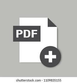 Black PDF formate file icon with plus / add button isolated on grey background, flat design style, vector illustration eps 10