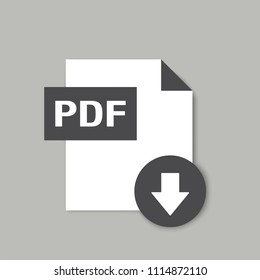 Black PDF formate file icon with download arrow button isolated on grey background, flat design style, vector illustration eps 10