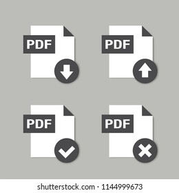 Black PDF formate file icons with upload, download, checkmark & delete buttons, flat design style, vector illustration eps 10