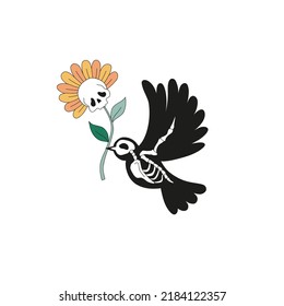 Black Peace bird skeleton with skull flower in the beak vector illustration isolated on white. Boho hippie retro 60s 70s bird floral print for Halloween.